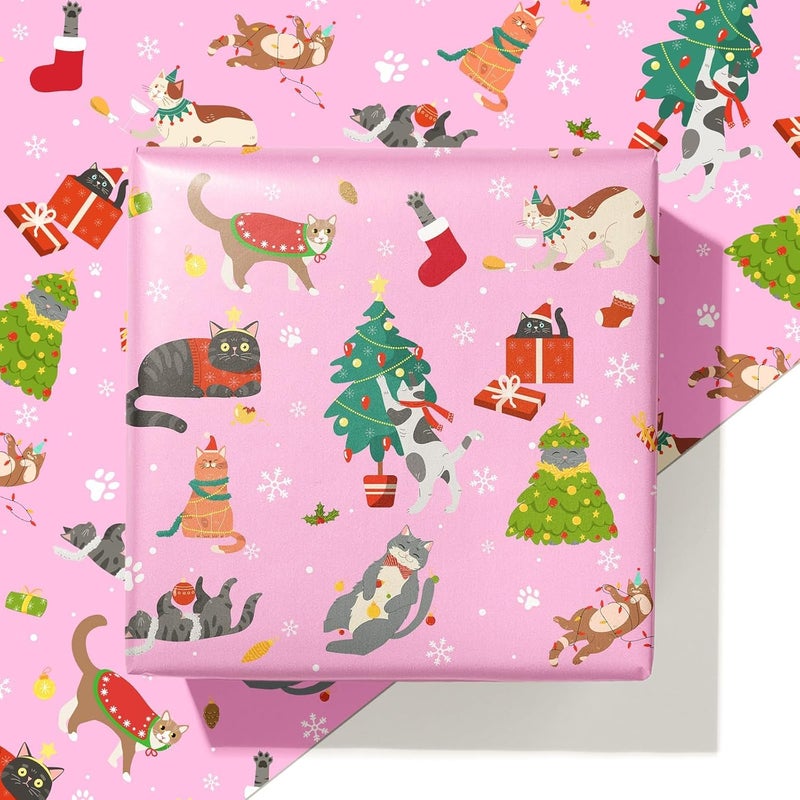 ZINTBIAL Cat Christmas Wrapping Paper - Pink Xmas Gift Wrap with Festive Cats, Holiday Trees and Snowflakes Design - Perfect for Cat Lovers, Kids & Adults Gift Wrapping - 40×28 Inches, 4 Folded Sheets - Image 1